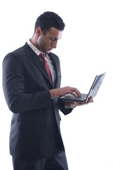 Smiling business man hold and work on mini laptop comuter   Isolated on white background in studio