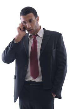 Portrait of a business man talk with cell mobile  phone isolated on white background. Studio shot communication concept