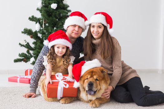 Pet, holidays and festive concept - Family with dog are sitting on floor near christmas tree