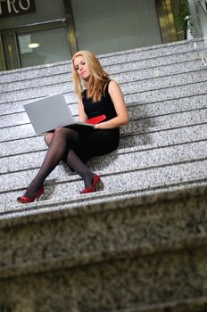 young business woman working wireless on laptop 