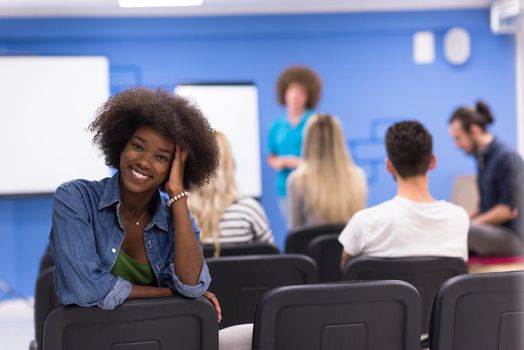 portrait of young African American business woman at modern startup office interior, team in meeting in background