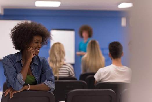 portrait of young African American business woman at modern startup office interior, team in meeting in background