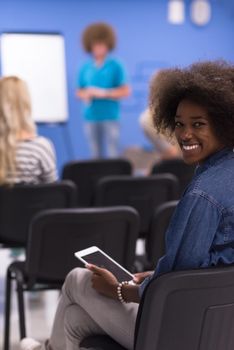 portrait of young African American business woman at modern startup office interior, team in meeting in background