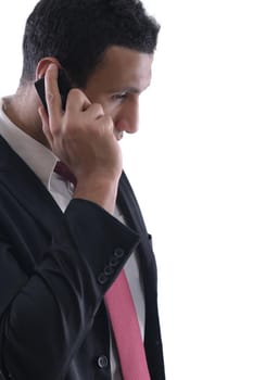 Portrait of a business man talk with cell mobile  phone isolated on white background. Studio shot communication concept