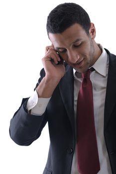 Portrait of a business man talk with cell mobile  phone isolated on white background. Studio shot communication concept