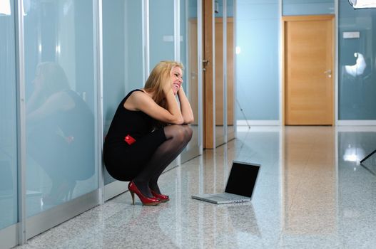 young business woman working wireless on laptop 