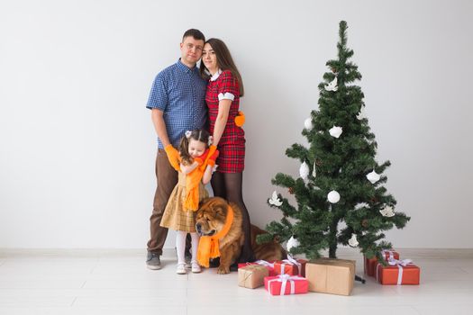 Pet, holidays and festive concept - Family with dog are standing near christmas tree