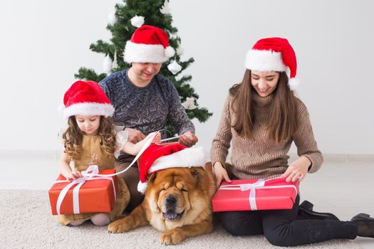 Pet, holidays and festive concept - Family with dog are standing near christmas tree