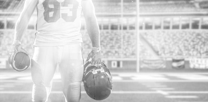 Closeup Portrait of a strong muscular American Football Player on big modern stadium field with lights and flares