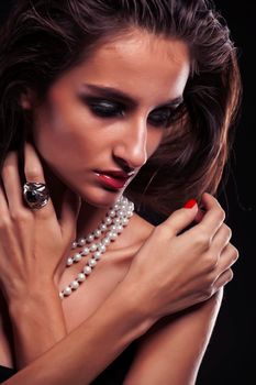 beauty young sencual woman with jewellery closeup, luxury portrait of rich real girl, party makeup