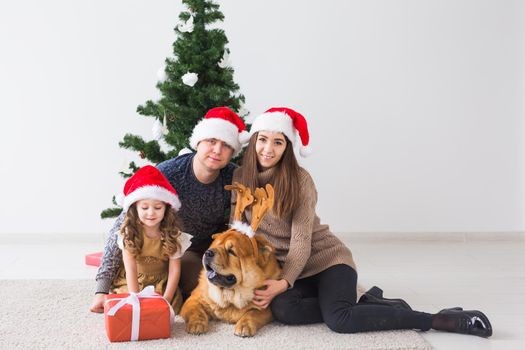 Pet, holidays and festive concept - Family with dog are sitting on floor near christmas tree