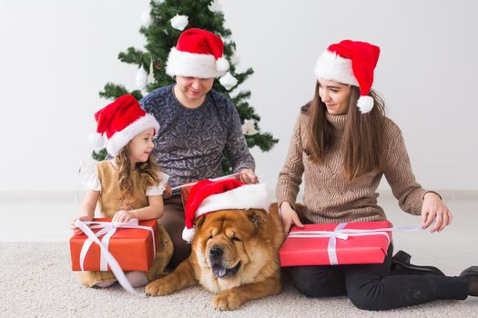 Pet, holidays and festive concept - Family with dog are sitting on floor near christmas tree