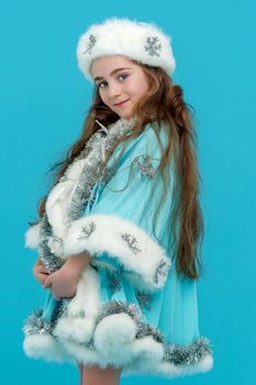 A little girl in a Snow Maiden costume. The concept of the new year and Christmas. isolated on white background