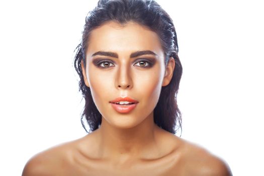 young pretty caucasian brunette woman posing cheerful on white background isolated, lifestyle people concept close up