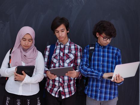 Arabic teenagers team, students group working together on laptop and tablet computer  online classroom education concept