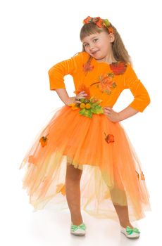 Nice little girl dressed in a bright orange dress- Isolated on white background