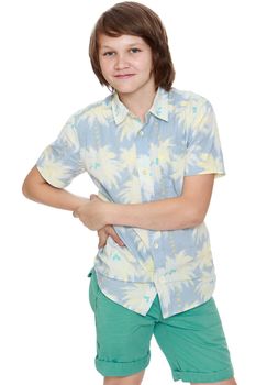 Portrait of a young man in shorts and a shirt with short sleeves. Close-up - Isolated on white background