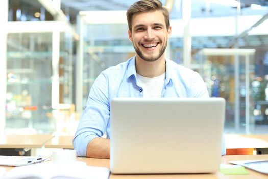 Portrait of young man sitting at his desk in the office