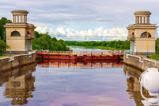 Scenic view from the ship to the channel named after Moscow. In the summer on a sunny day. Russia, Moscow region. The concept of tourism.