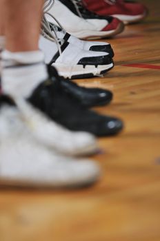 basket ball players team portrait in hi-school sport gym