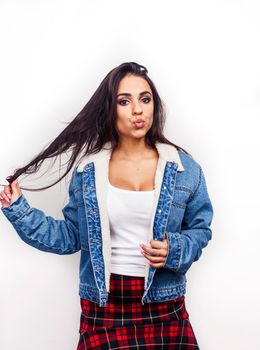 young happy smiling latin american teenage girl emotional posing isolated on white background, lifestyle people concept close up