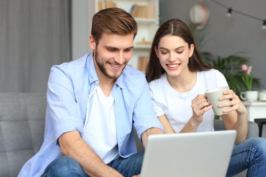 Young couple doing some online shopping at home, using a laptop on the sofa