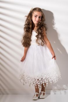 Portrait of a beautiful little girl in the rays of light. The concept of style and fashion.