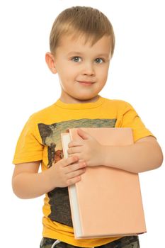 Cute little boy holding a book. Close-up - Isolated on white background