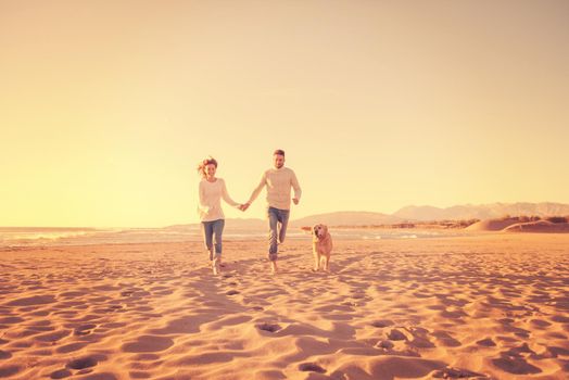 Couple Running On The Beach Holding Their Hands with dog On autmun day