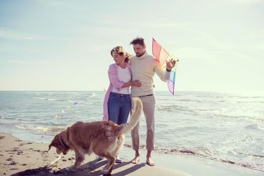 Young Couple having fun playing with a dog and Kite on the beach at autumn day filter