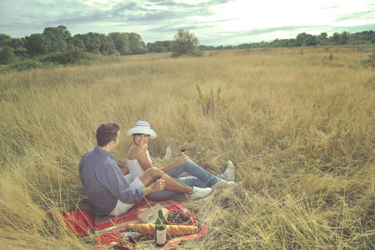 happy young couple enjoying  picnic on the countryside in the field  and have good time