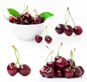 set photos of a red cherries on a white background