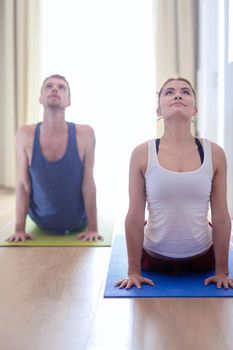Young healthy couple in yoga position on white background.