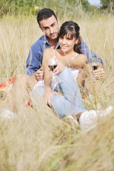 happy young couple enjoying  picnic on the countryside in the field  and have good time