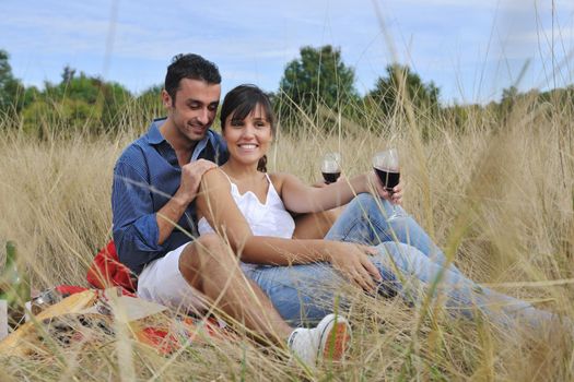 happy young couple enjoying  picnic on the countryside in the field  and have good time