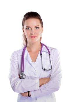 Portrait of young woman doctor with white coat standing in hospital .