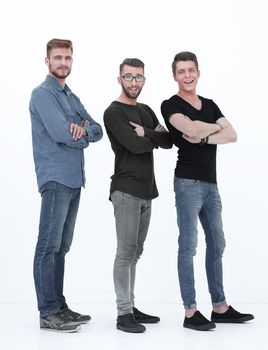 Full length side view of men standing in queue isolated on white background