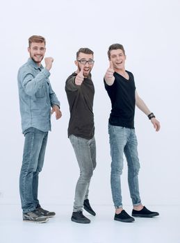 Group of young adult friends in a row looking at camera on white background