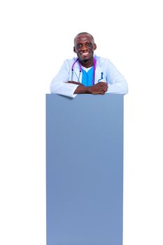 Male doctor holding empty placard. Doctor. Billboard.