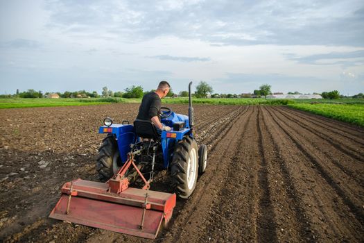 A farmer cultivates a field with a tractor after harvest. Milling soil, crushing before cutting rows. Farming, agriculture. Loosening surface, land cultivation. Plowing field. Removing roots