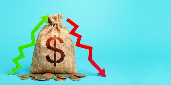 Dollar money bag and two arrows of profit loss. Income expense concept. Debit and credit. Capital movement. Trade balance. Budget implementation. Deposits or lending in banks. Analysis financial flows