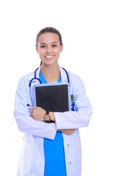 Beautiful young female with tablet computer. Woman doctors.