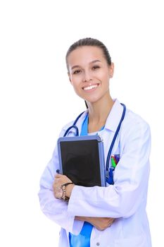 Beautiful young female with tablet computer. Woman doctors.