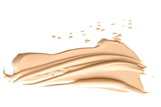 Beige beauty cosmetic texture isolated on white background, smudged makeup emulsion cream smear or foundation smudge, crushed cosmetics product and paint strokes.