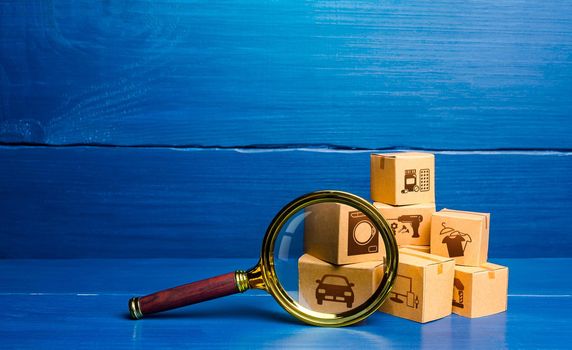 Cardboard boxes and magnifying glass. Monitoring and verification of goods, import certification. Quality control. Consumer market research. Customs clearance. Antimonopoly. Inventory. Cargo tracking