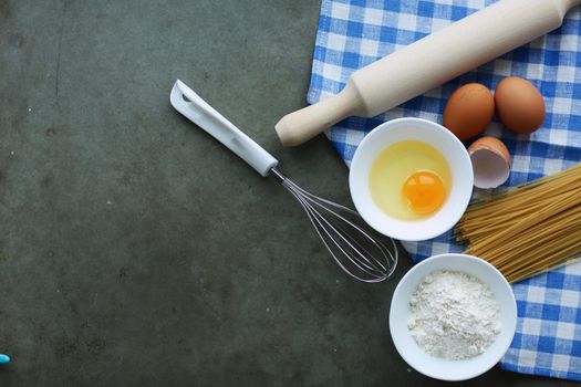 Dough preparation recipe homemade bread, pizza or pie ingridients, food flat lay on kitchen table background.