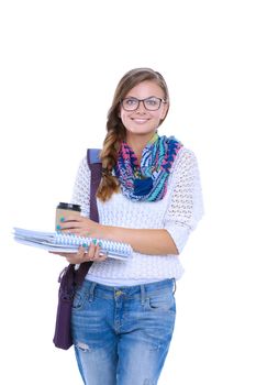 beautiful young woman with books, isolated on white background. Student.