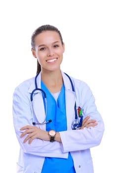 Beautiful young woman in white coat posing with hand in pocket. Woman doctor.