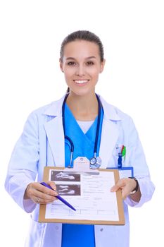 Female doctor with clipboard. Woman doctor.