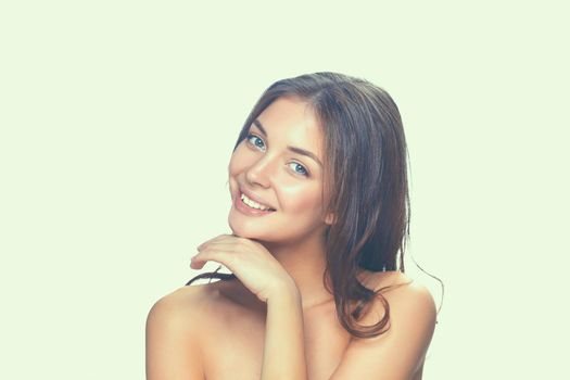 Portrait of beautiful young woman face. Isolated on white background.